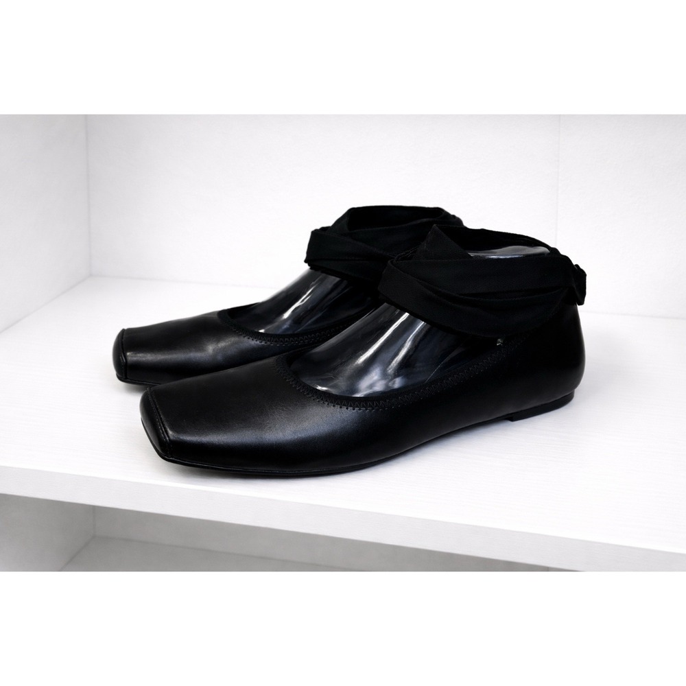 Charles & Keith Black Ballet Flats Lace Up Square Toe Leather Women's EU 40